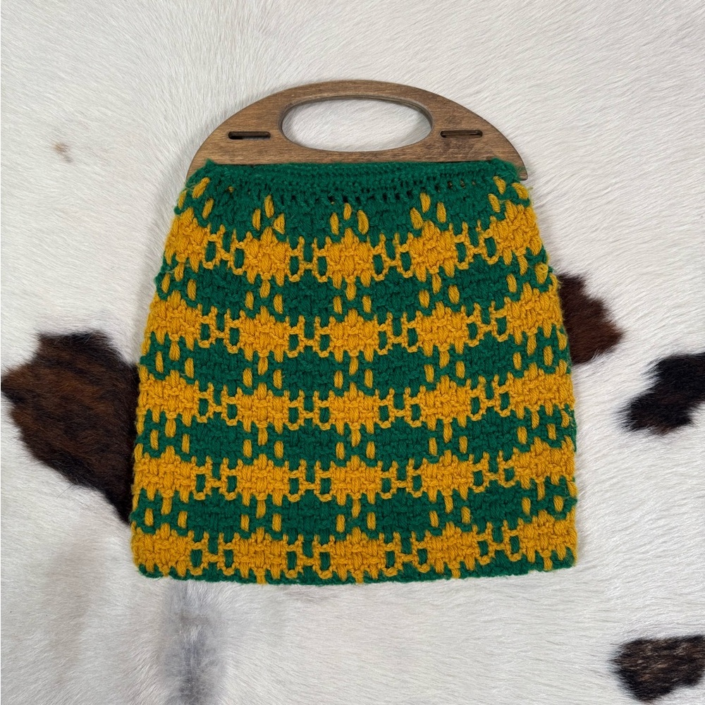 Handmade Crocheted Green & Mustard Wooden Handle Bag